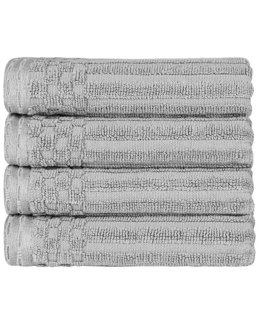 Superior Cotton Highly Absorbent Solid And Checkered Border Hand Towel Set In Silver