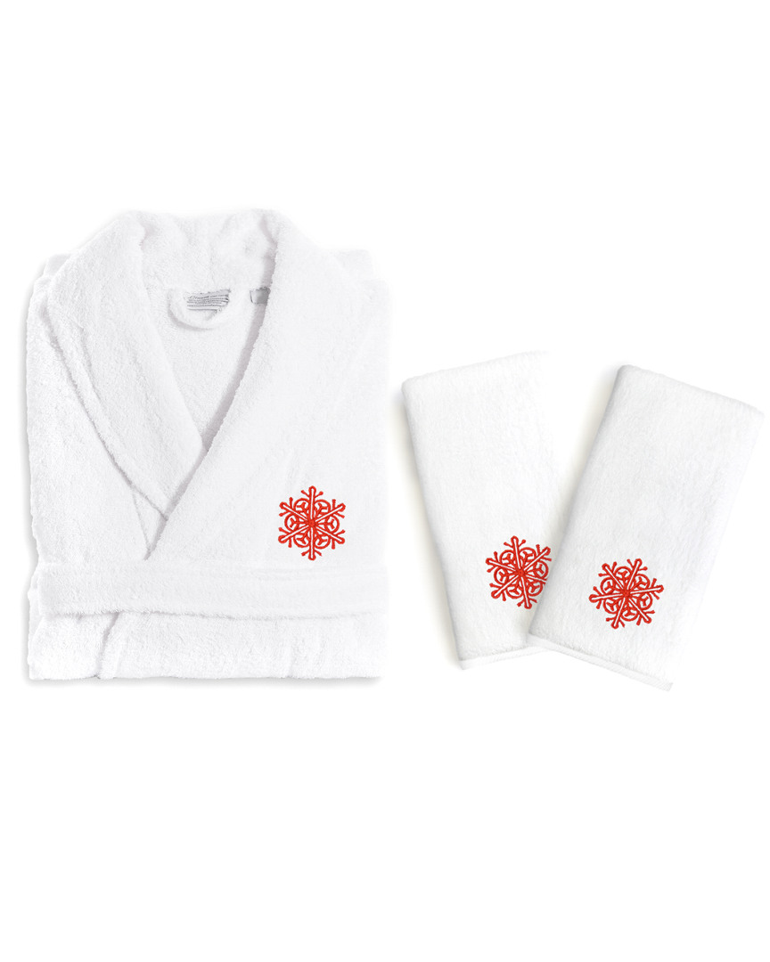 Linum Home Textiles Red Snowflake Turkish Cotton Hand Towels & Terry Bathrobe Set