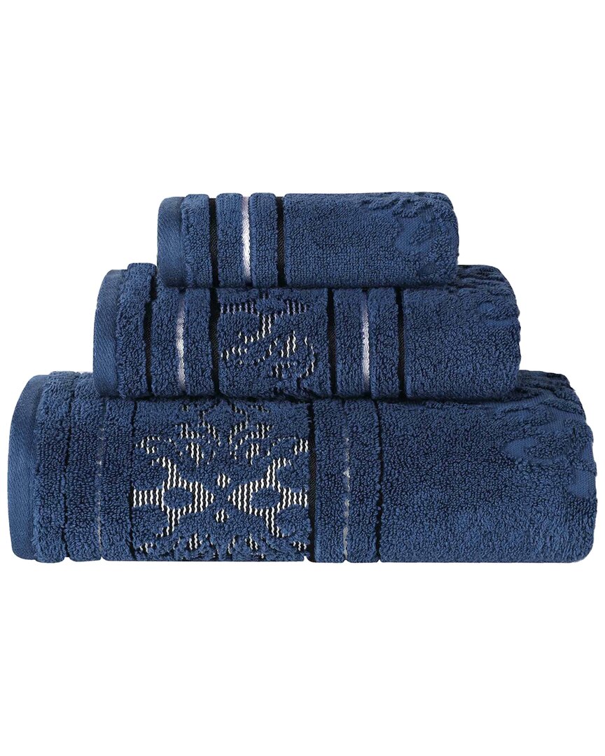 Superior Sadie Zero Twist Cotton Elegant Floral Absorbent 3pc Jacquard Towel Set In Blue
