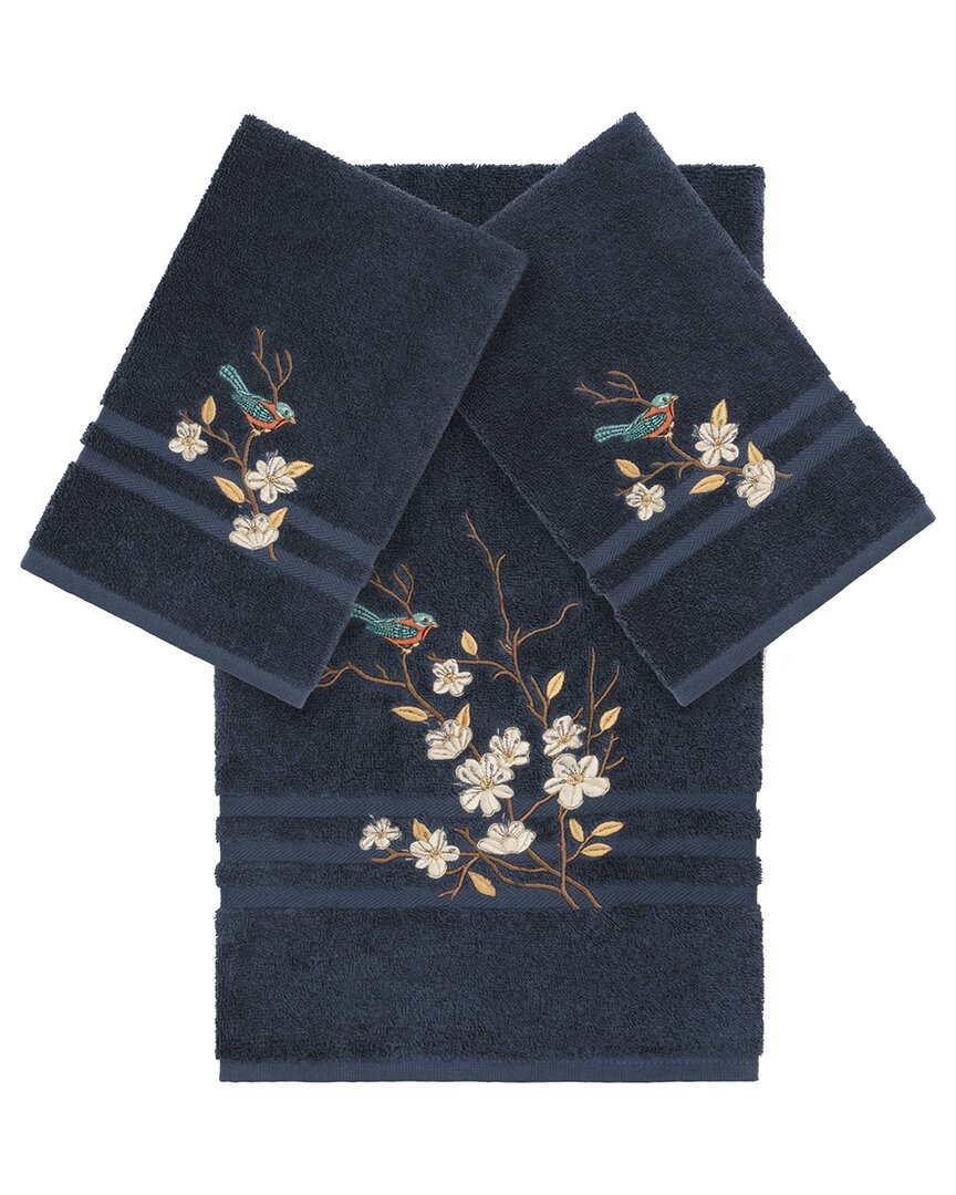 Linum Home Textiles Turkish Cotton Spring Time 3pc Embellished Bath & Hand Towel Set In Blue