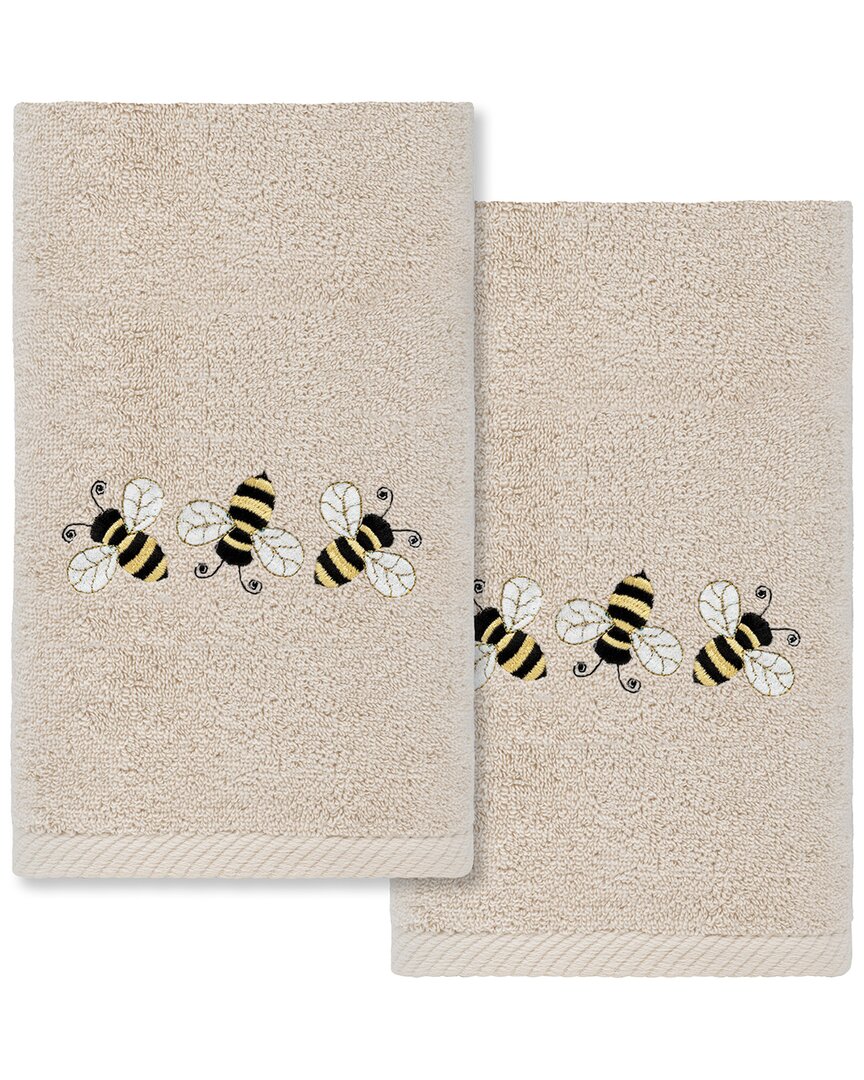 Linum Home Textiles Bee Dance Embroidered Luxury 100% Turkish Cotton Hand Towels (set Of 2) In Sand