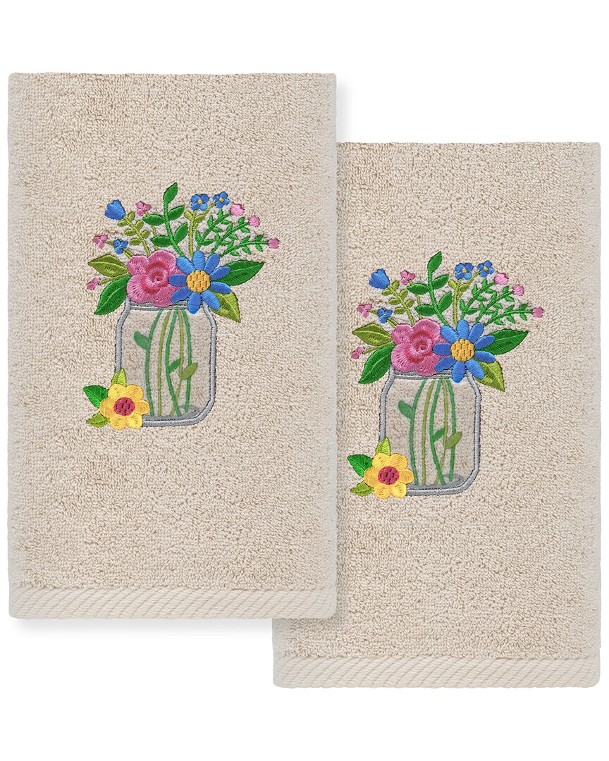 Shop Linum Home Textiles Country Bouquet Embroidered Luxury 100% Turkish Cotton Hand Towels (set Of 2) In Sand