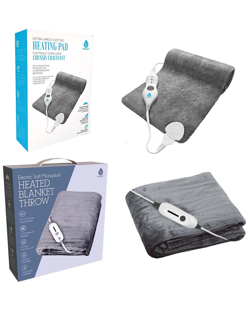 Pursonic Cozy Comfort Bundle – Electric Heated Microplush Blanket And Heating Pad Set