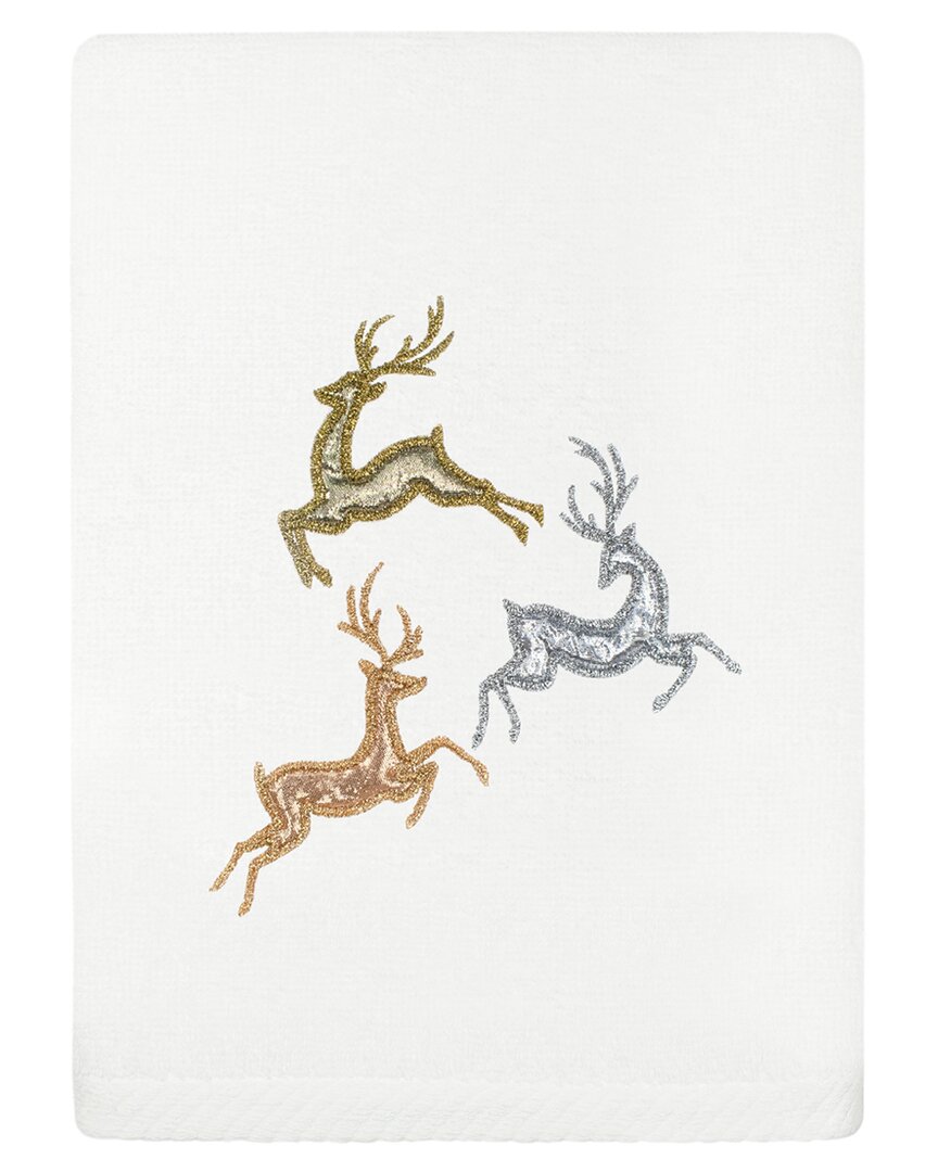 Linum Home Textiles Christmas Leaping Deer - Embroidered Luxury Turkish Cotton Hand Towel In White