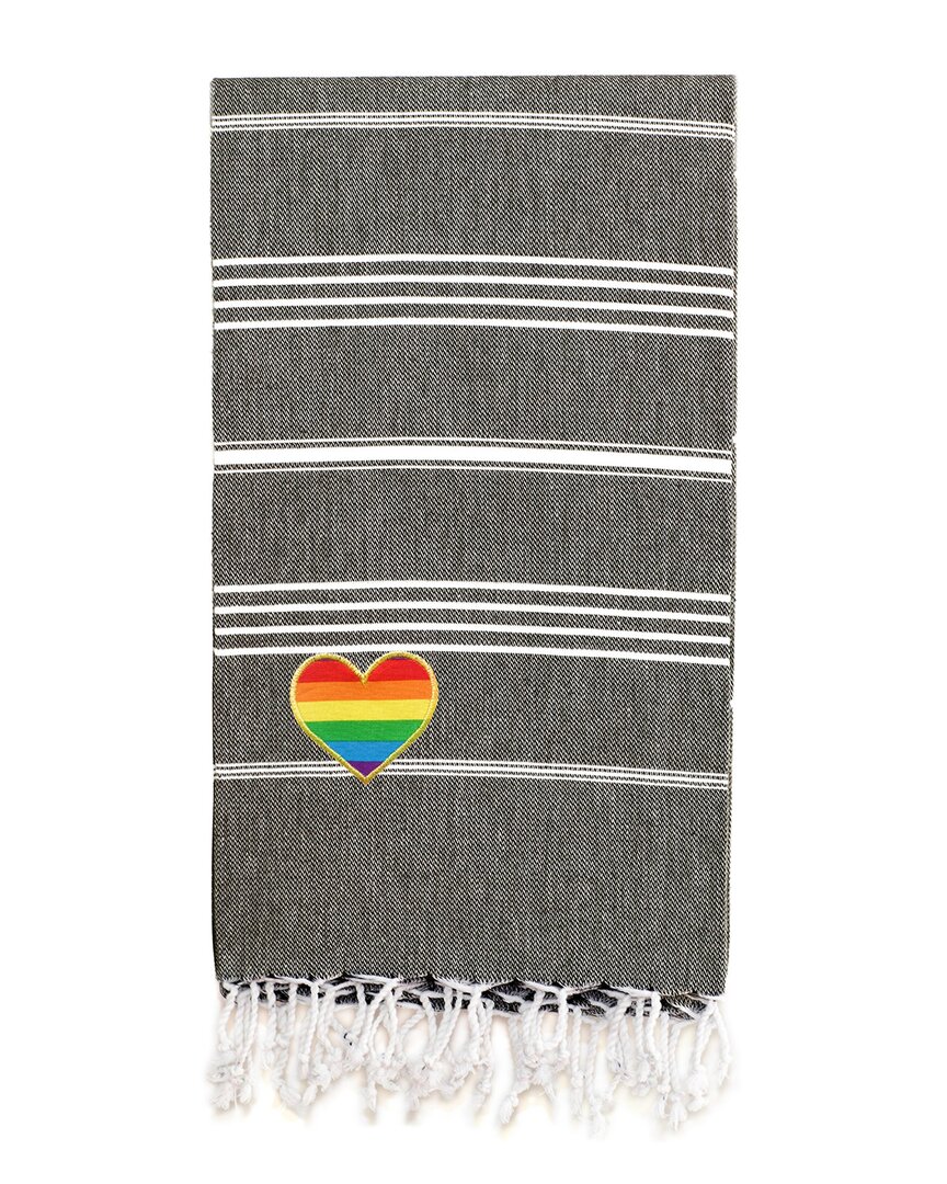 Linum Home Textiles Turkish Cotton Lucky Cheerful Rainbow Heart Pestemal Beach Towel In Black