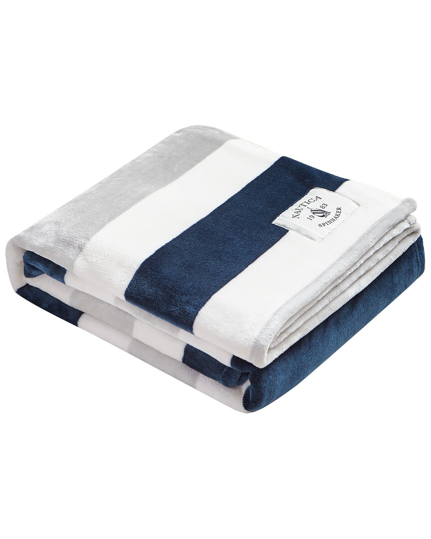 Nautica Awning Stripe Micro Flannel Reversible Throw Blanket In Blue