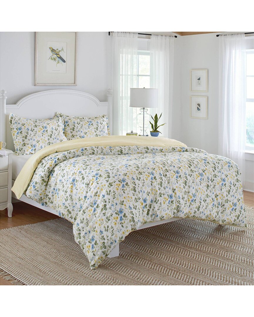 Laura Ashley Meadow Floral 100% Cotton 300 Thread Count Sateen Duvet Cover Set In Blue
