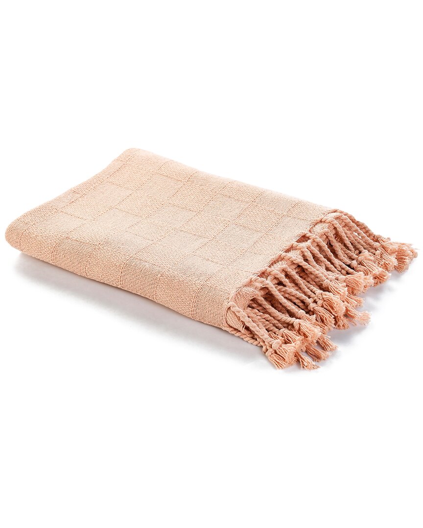 Lr Home Peach Solid Checkered Weave Throw Blanket With Fringe