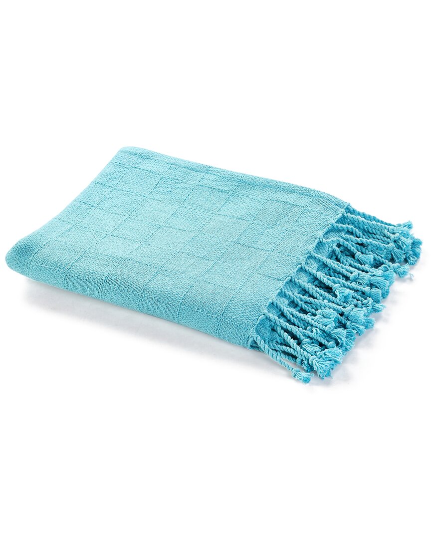Lr Home Angel Blue Solid Checkered Weave Throw Blanket With Fringe In Blue