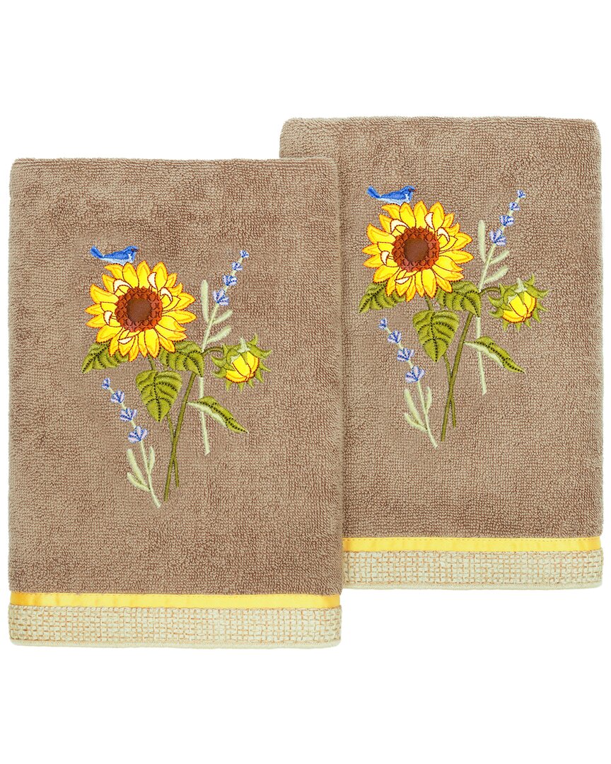 Linum Home Textiles Turkish Cotton Girasol 2pc Embellished Hand Towel Set In Brown