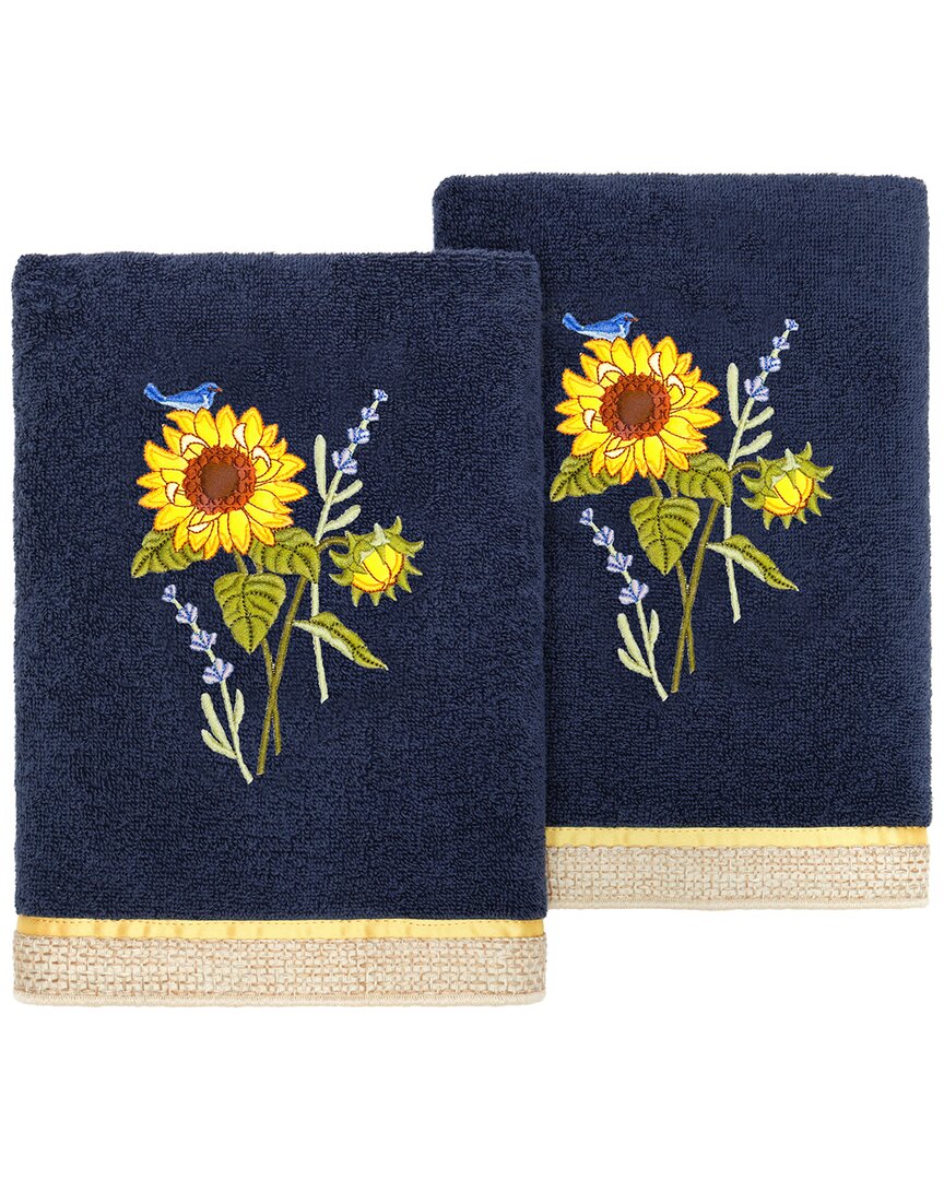 Linum Home Textiles Turkish Cotton Girasol 2pc Embellished Hand Towel Set In Blue
