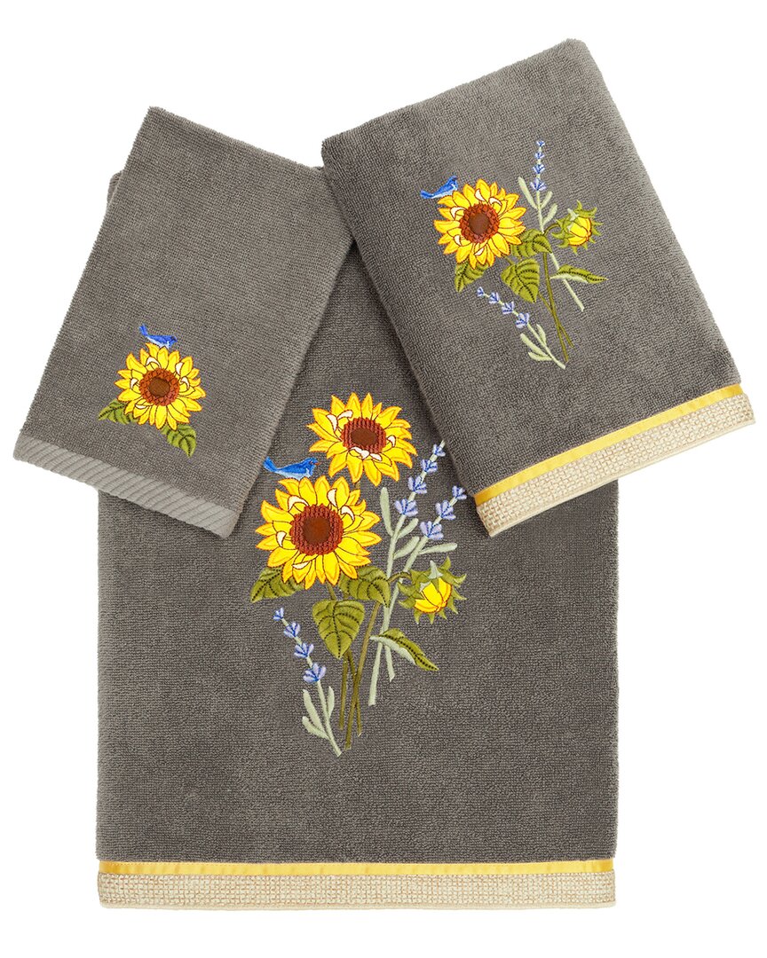 Linum Home Textiles Turkish Cotton Girasol 3pc Embellished Towel Set In Charcoal