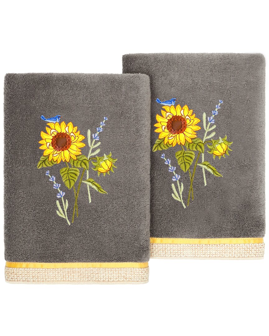 Linum Home Textiles Turkish Cotton Girasol 2pc Embellished Hand Towel Set In Charcoal
