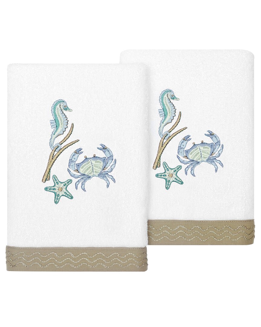 Linum Home Textiles Turkish Cotton Aaron 2pc Embellished Hand Towel Set In White