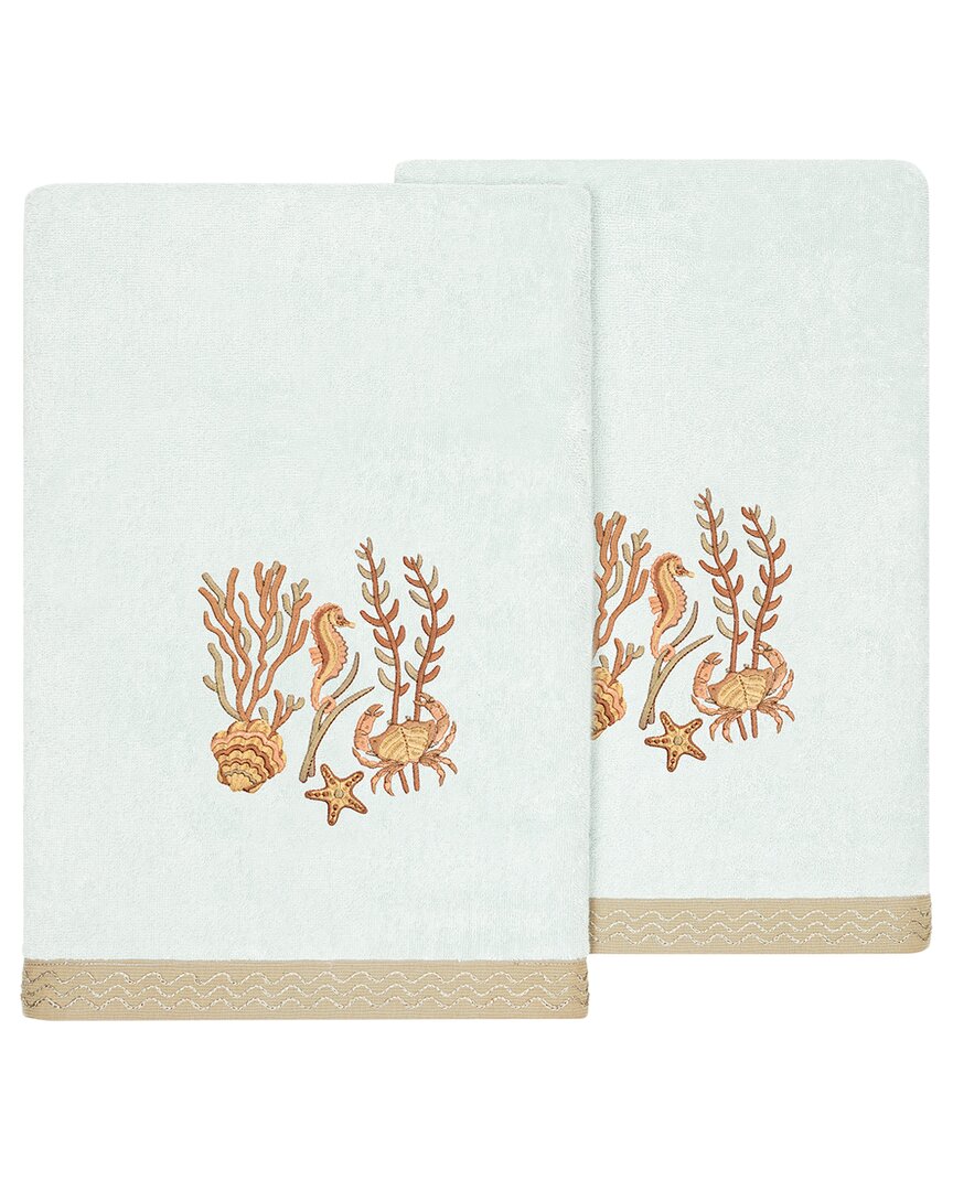 Linum Home Textiles Turkish Cotton Aaron 2pc Embellished Bath Towel Set In Aqua