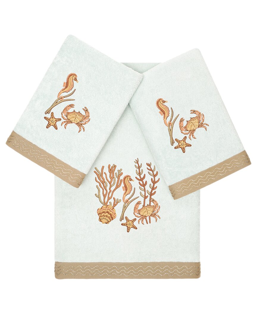 Linum Home Textiles Turkish Cotton Aaron 3pc Embellished Bath & Hand Towel Set In White