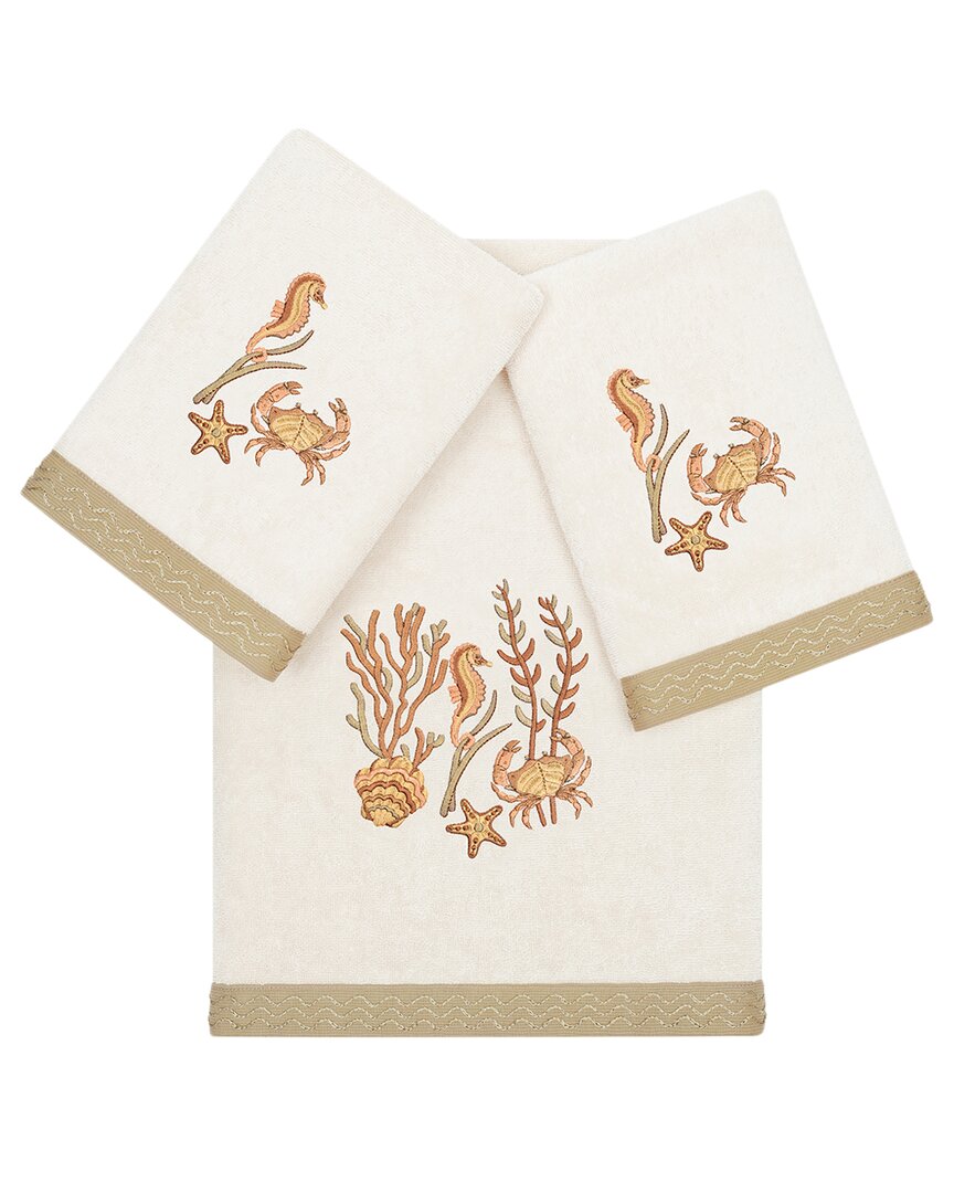 Linum Home Textiles Turkish Cotton Aaron 3pc Embellished Bath & Hand Towel Set In Beige