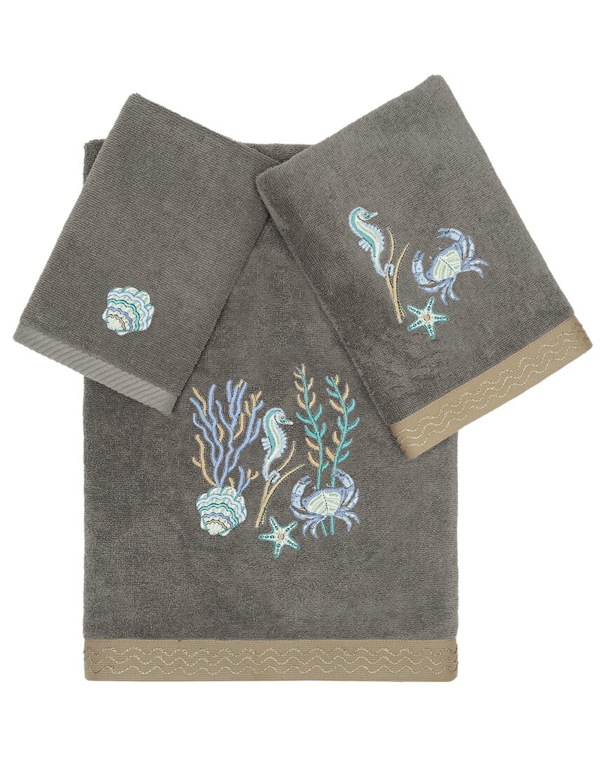 Linum Home Textiles Turkish Cotton Aaron 3pc Embellished Towel Set In Charcoal