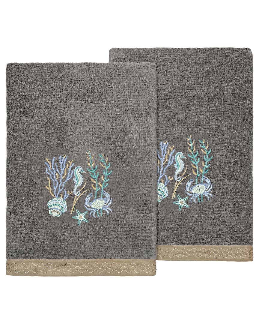 Linum Home Textiles Turkish Cotton Aaron 2pc Embellished Bath Towel Set In Charcoal