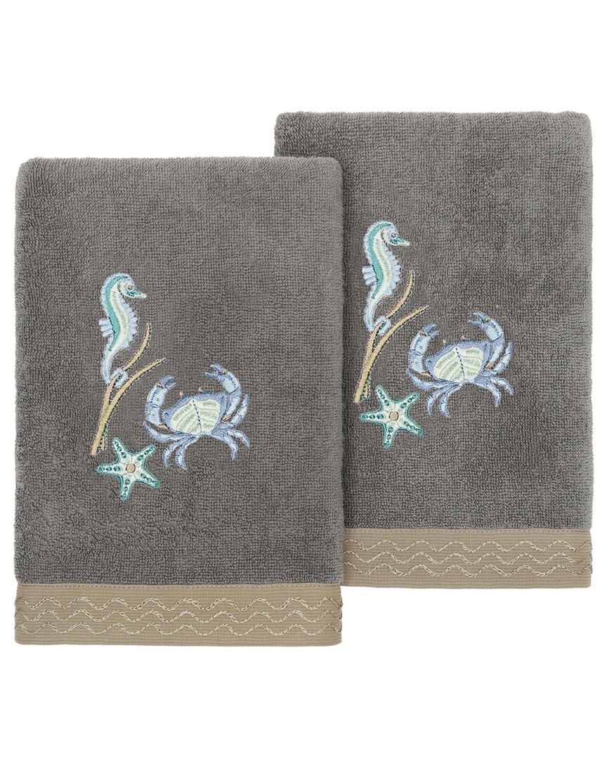Linum Home Textiles Turkish Cotton Aaron 2pc Embellished Hand Towel Set In Charcoal