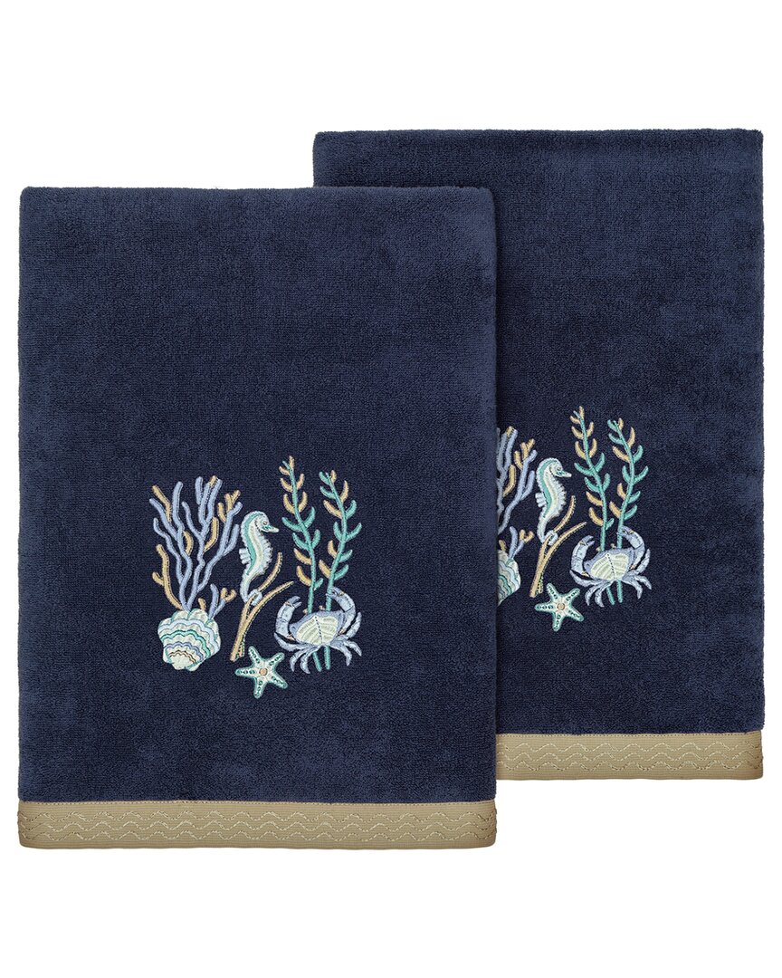 Linum Home Textiles Turkish Cotton Aaron 2pc Embellished Bath Towel Set In Blue