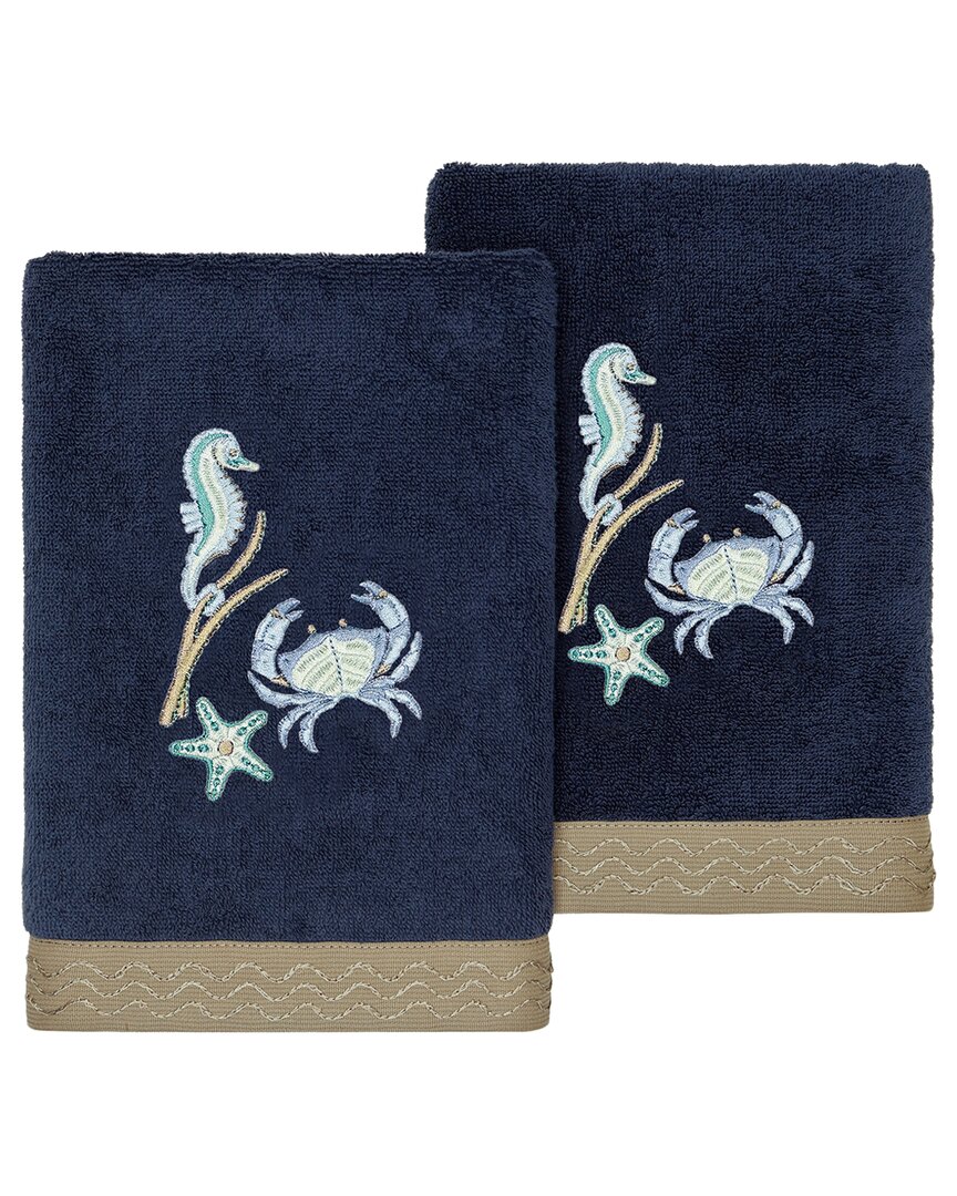 Linum Home Textiles Turkish Cotton Aaron 2pc Embellished Hand Towel Set In Blue