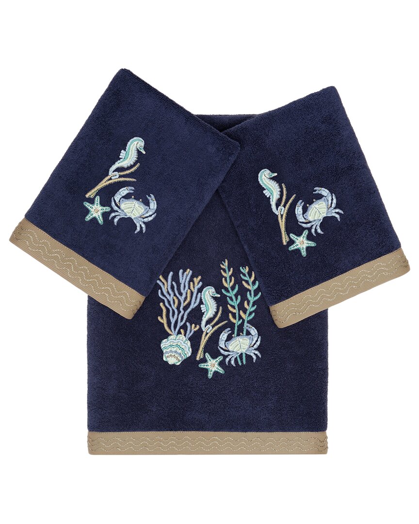 Linum Home Textiles Turkish Cotton Aaron 3pc Embellished Bath & Hand Towel Set In Blue