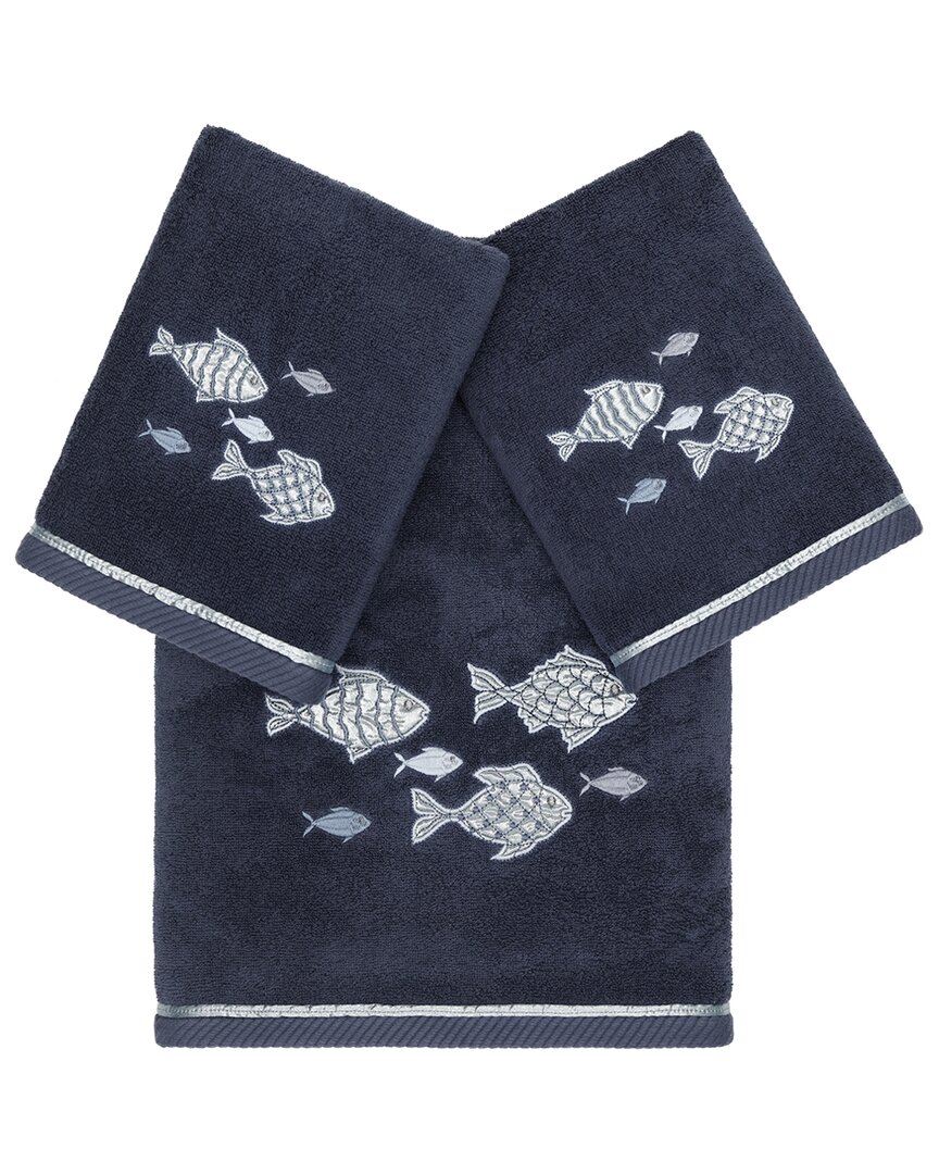 Linum Home Textiles Turkish Cotton Figi 3pc Embellished Bath & Hand Towel Set In Blue