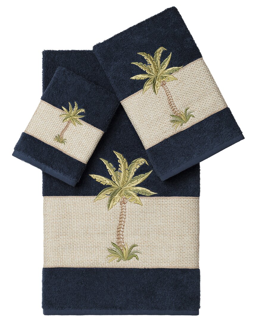 Linum Home Textiles Turkish Cotton Colton 3pc Embellished Towel Set In Blue
