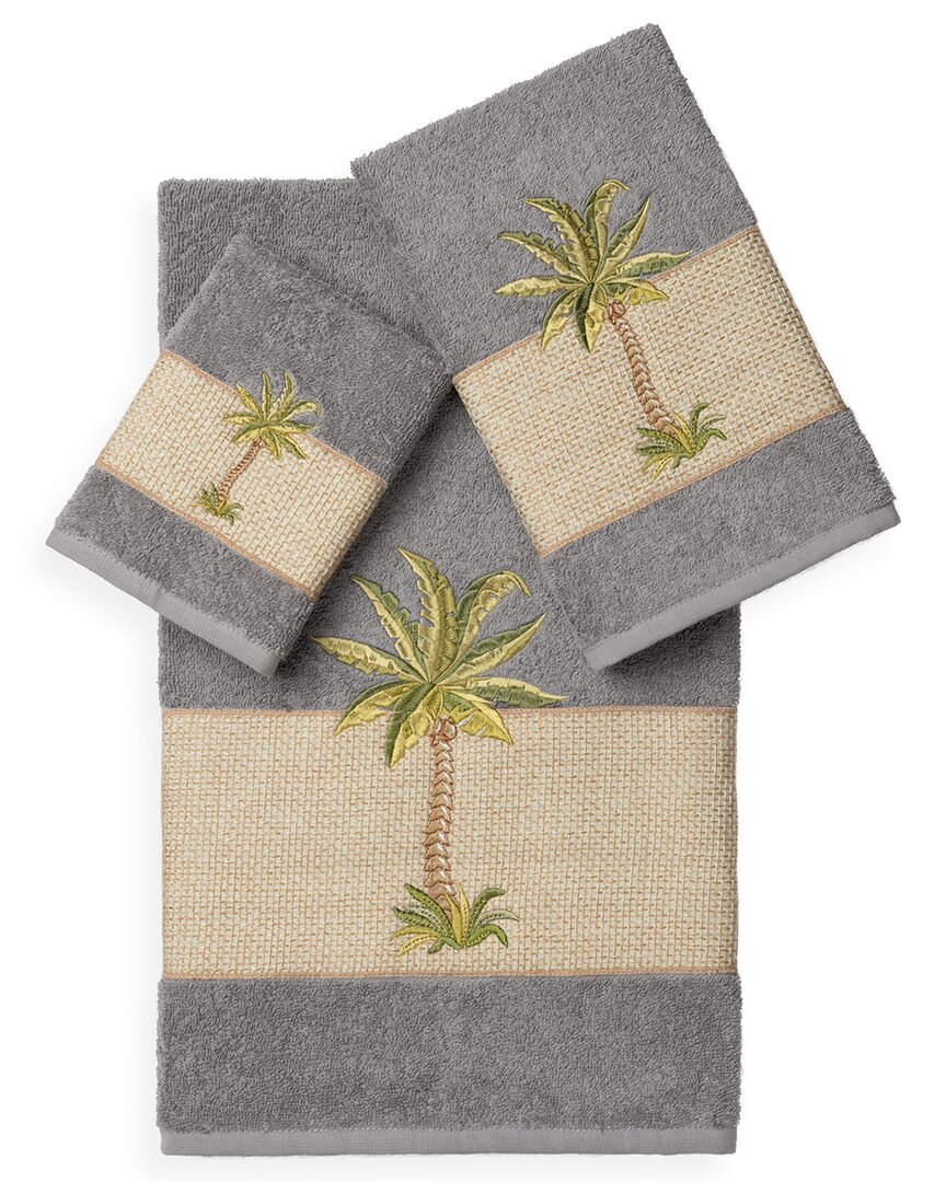 Linum Home Textiles Turkish Cotton Colton 3pc Embellished Towel Set In Grey