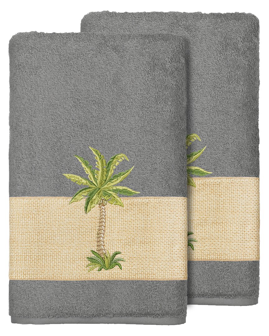 Linum Home Textiles Turkish Cotton Colton 2pc Embellished Bath Towel Set In Grey