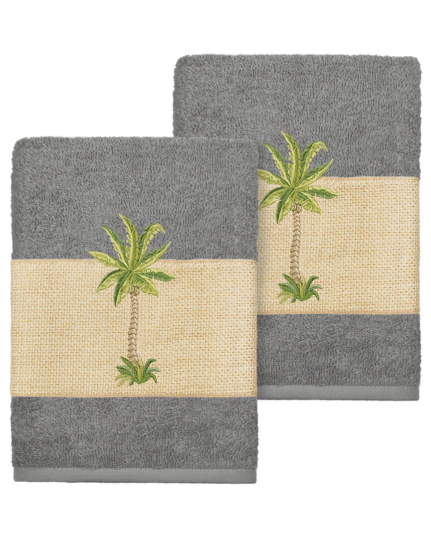 Linum Home Textiles Turkish Cotton Colton 2pc Embellished Washcloth Set In Grey
