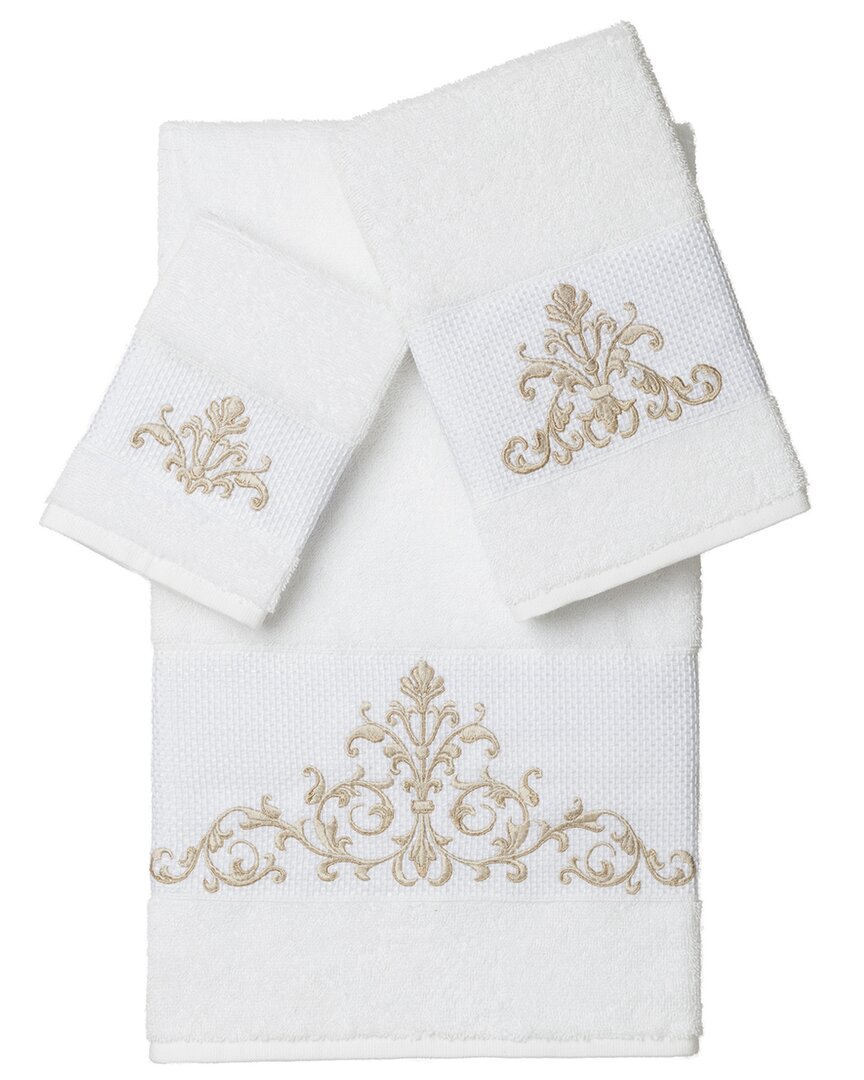 Linum Home Textiles Turkish Cotton Scarlet 3pc Embellished Towel Set In White