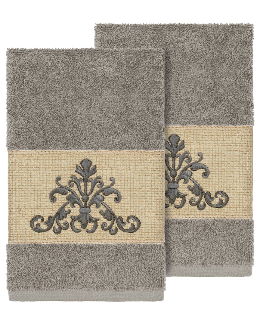 Linum Home Textiles Turkish Cotton Scarlet 2pc Embellished Hand Towel Set In Grey