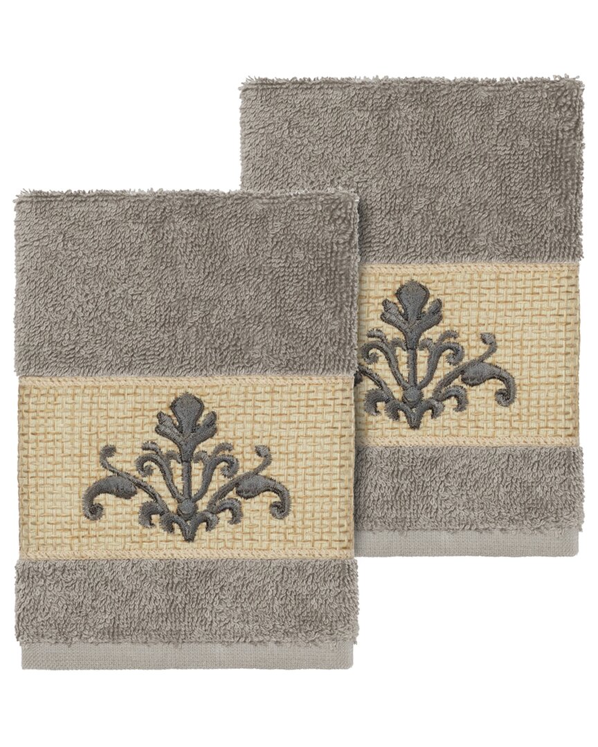Linum Home Textiles Turkish Cotton Scarlet 2pc Embellished Washcloth Set In Grey