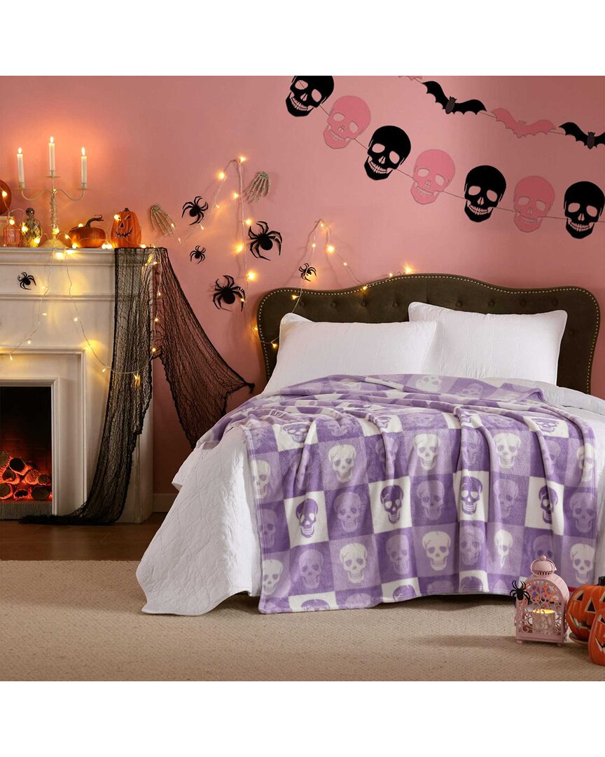 Betsey Johnson Cracked Checker Skull Ultra Soft Plush Throw In Purple