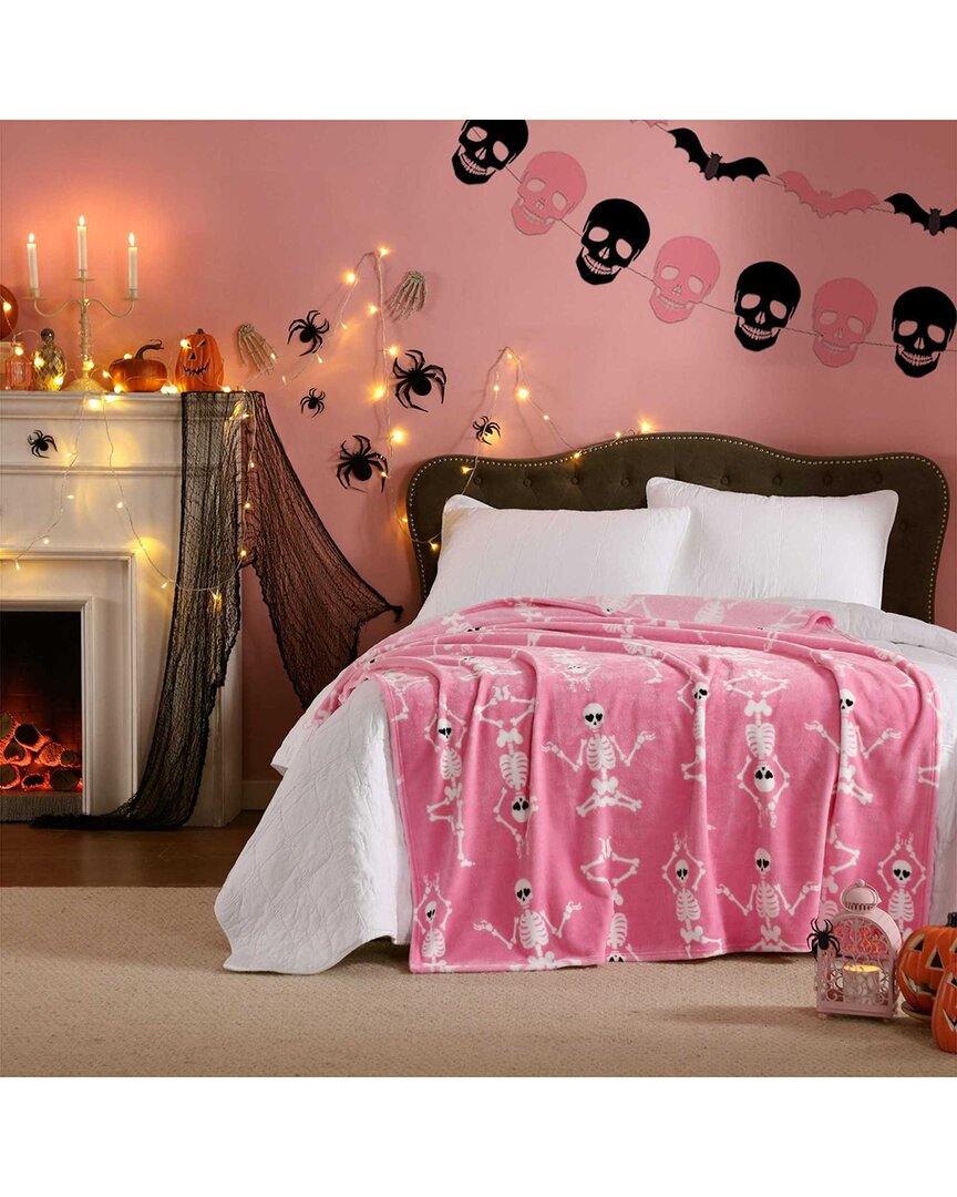 Betsey Johnson Yoga Skeleton Ultra Soft Plush Throw In Pink