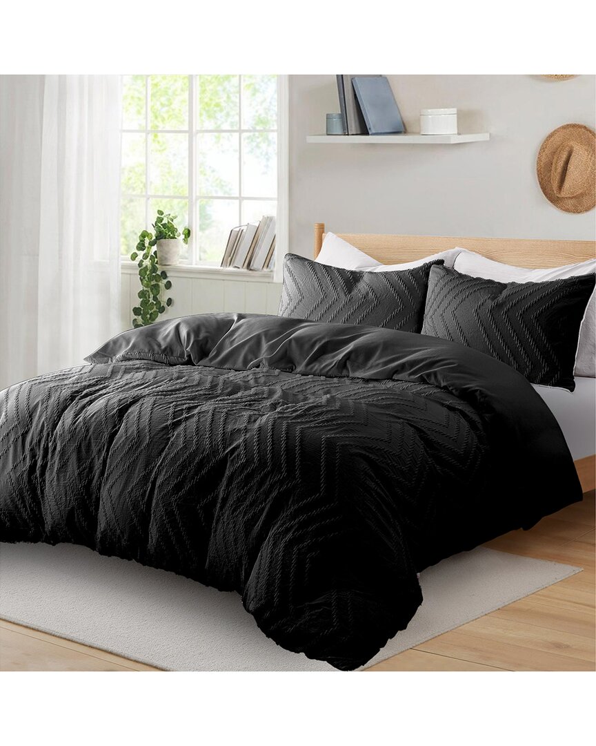 Unikome Soft Solid Clipped Jacquard Duvet Cover Set In Black, Wave Quilted