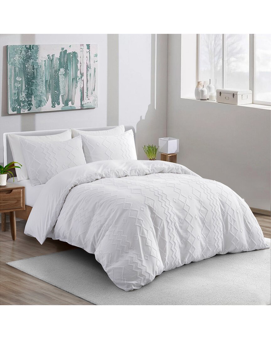 Unikome Soft Solid Clipped Jacquard Duvet Cover Set In White, Diamond Quilted