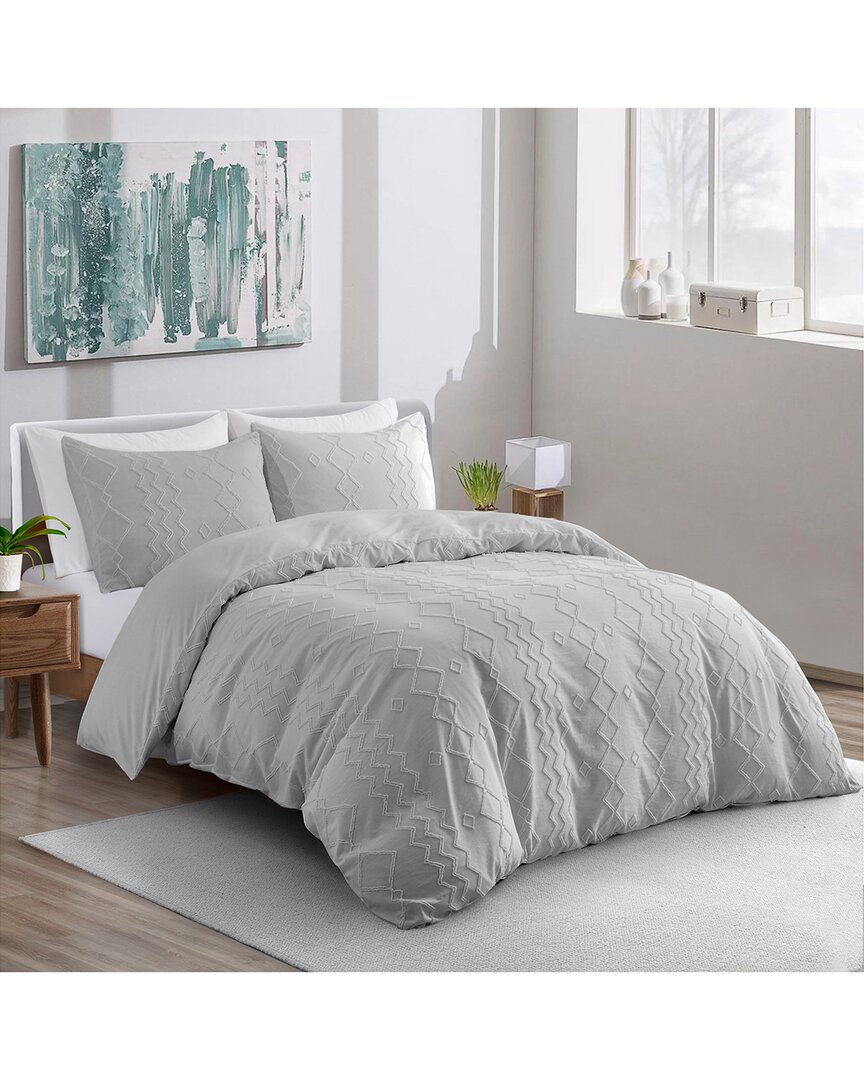Unikome Soft Solid Clipped Jacquard Duvet Cover Set In Light Gray, Diamond Quilted