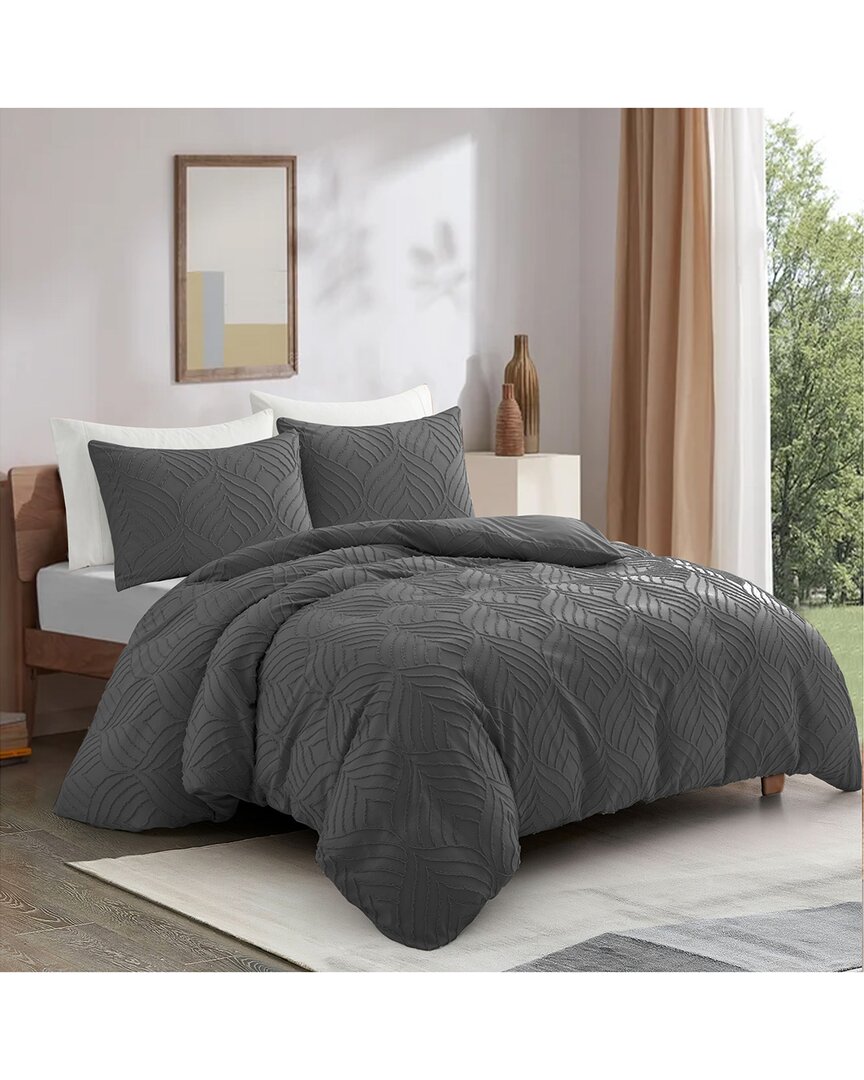 Unikome Soft Solid Clipped Jacquard Duvet Cover Set In Dark Gray, Leaf Quilted