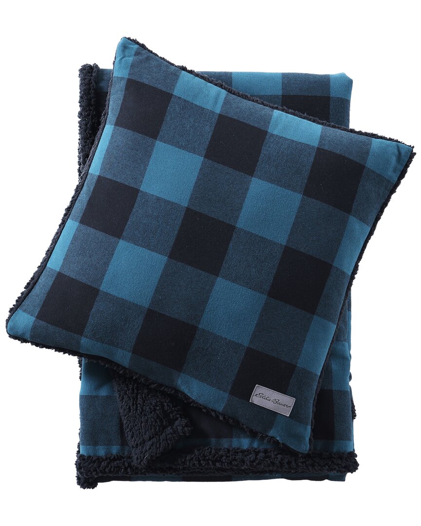 Eddie Bauer Cabin Plaid 100% Cotton Flannel Throw & Pillow Set In Blue