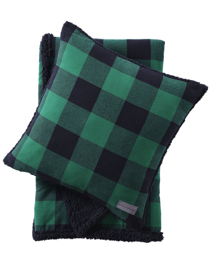 Eddie Bauer Cabin Plaid 100% Cotton Flannel Throw & Pillow Set In Green