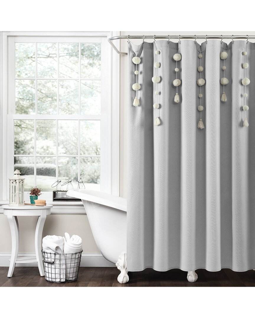 Lush Decor Fashion Boho Pom Pom Tassel Linen Shower Curtain In Gray