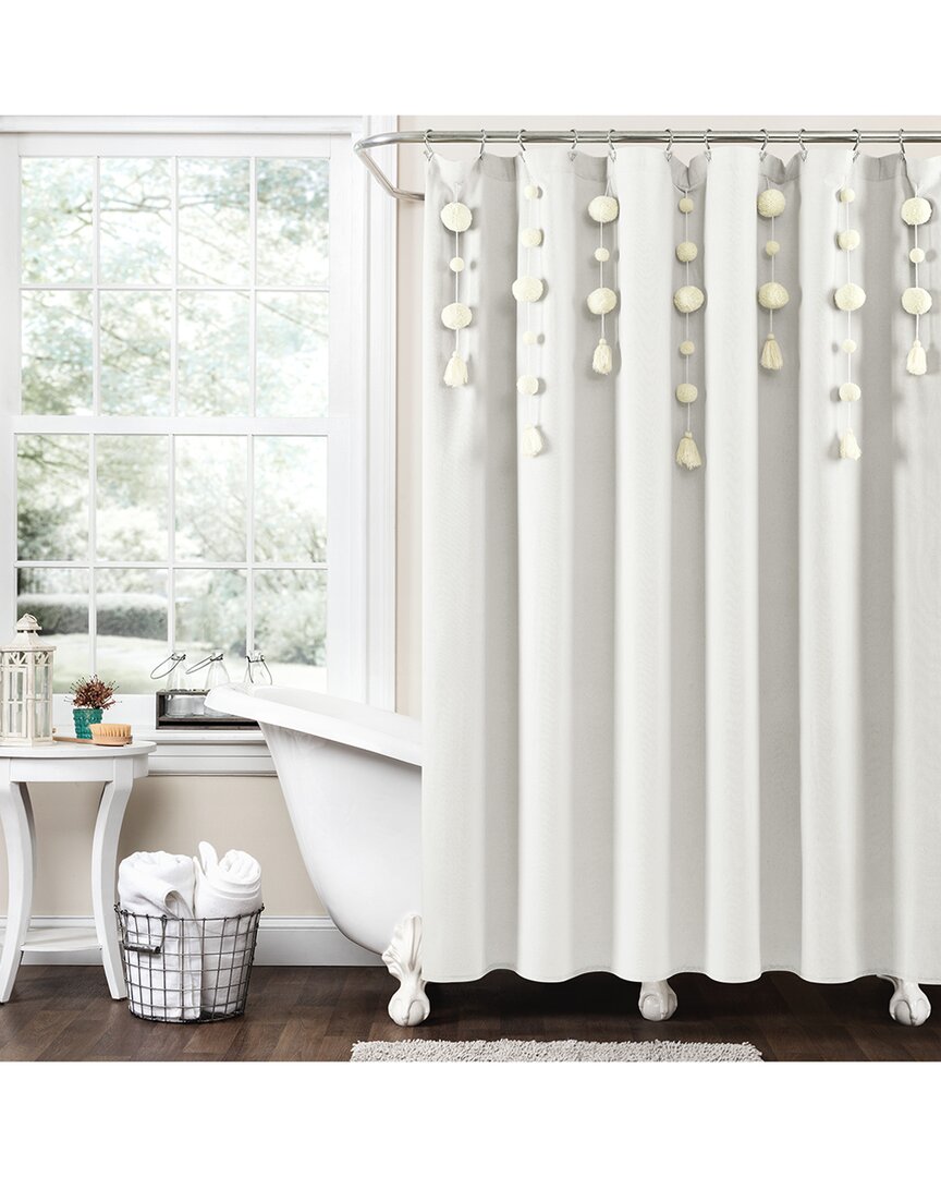 Lush Decor Fashion Boho Pom Pom Tassel Linen Shower Curtain In White