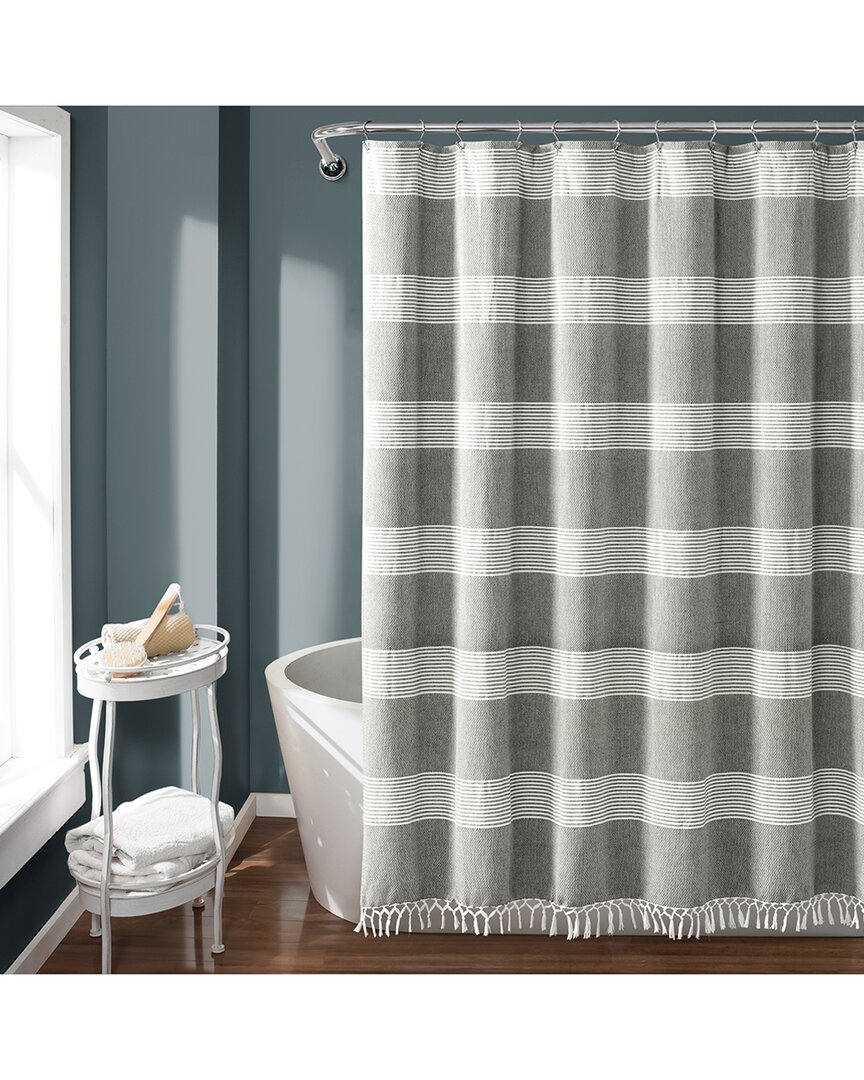 Lush Decor Fashion Tucker Stripe Yarn Dyed Cotton Knotted Tassel Shower Curtain In Gray