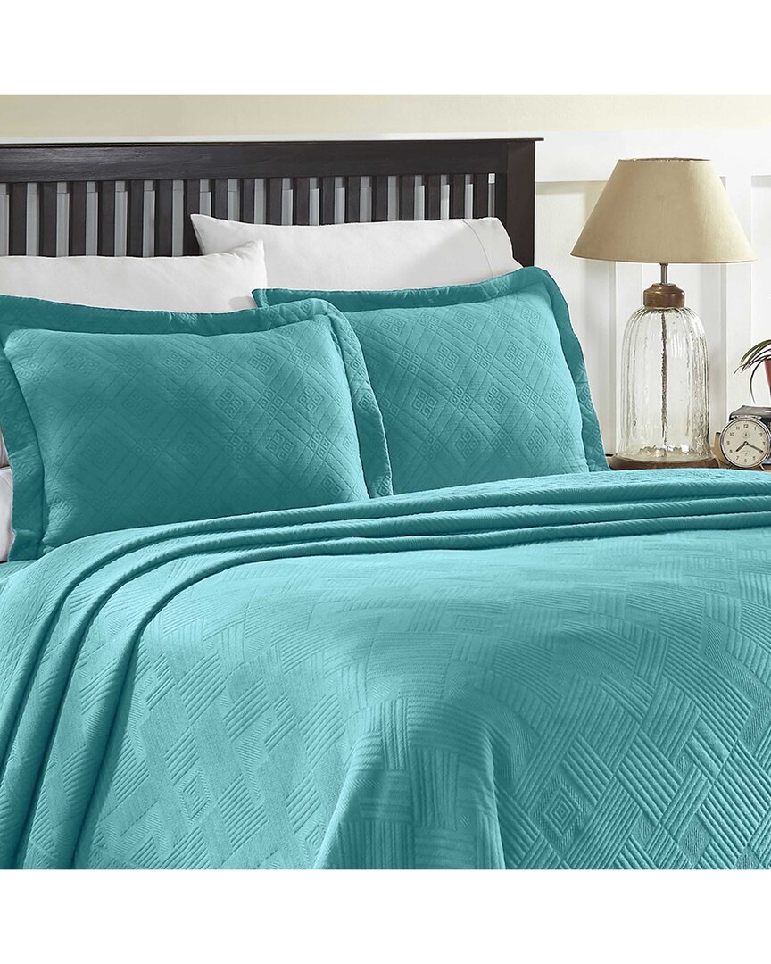 Superior Geometric Fret Cotton Jacquard Matelasse Scalloped Bedspread Set In Blue