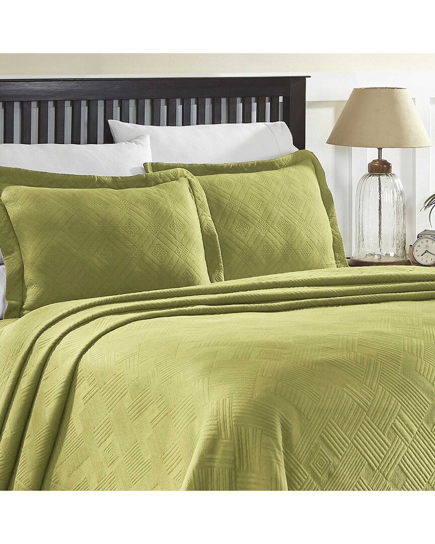 Superior Geometric Fret Cotton Jacquard Matelasse Scalloped Bedspread Set In Green