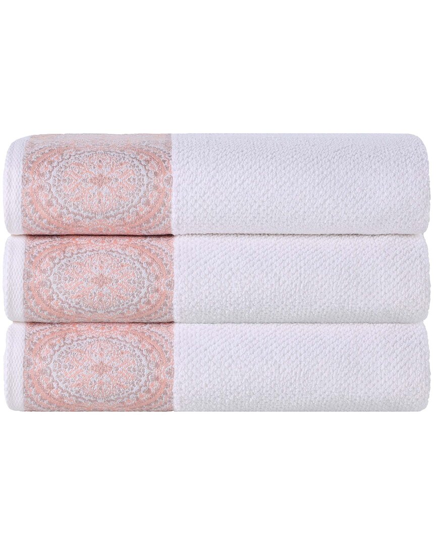 Superior Set Of 3 Medallion Cotton Jacquard Textured Bath Towels