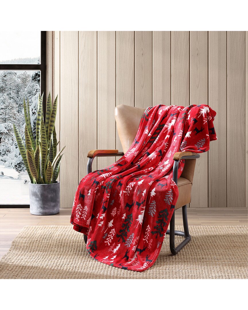 Eddie Bauer Deer Woods Ultra Soft Plush Fleece Reversible Throw Blanket In Red